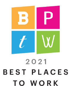 Colorful logo with four squares and the text '2021 Best Places to Work'.