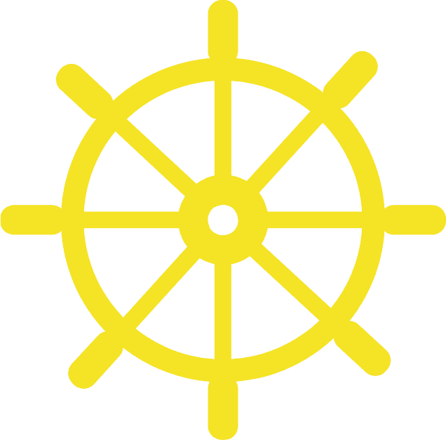 Yellow ship's wheel icon on a black background.