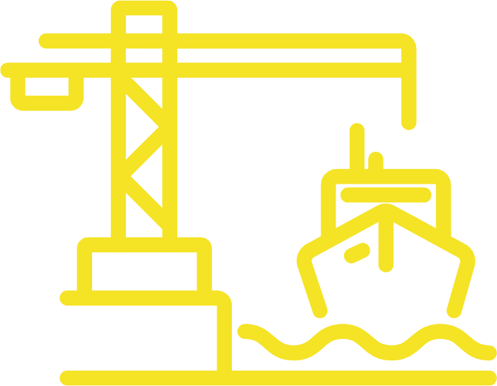 Yellow construction crane lifting a ship in water.
