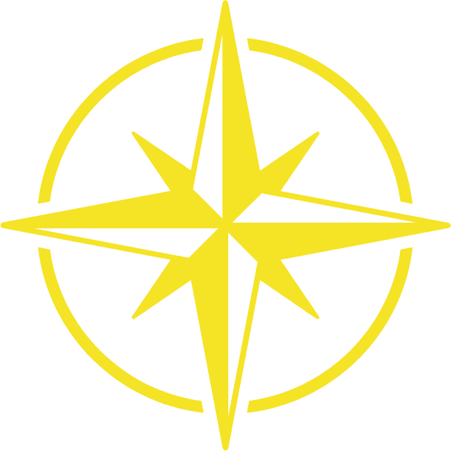 Yellow compass rose symbol on a black background.