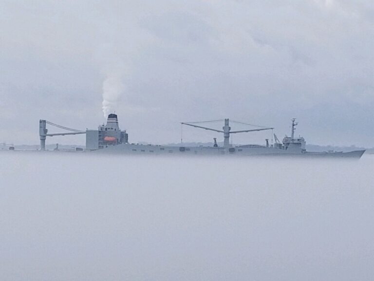 Large gray cargo ship with cranes and smoke rising, partially obscured by fog.