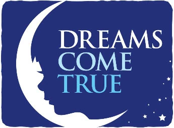 Dreams Come True text with a crescent moon and stars on a dark blue background.