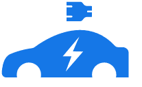 Blue electric car with a charging plug icon above it.