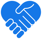 Blue heart-shaped icon with two hands shaking inside.