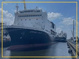 Large white and blue ship docked at a port with a clear sky.
