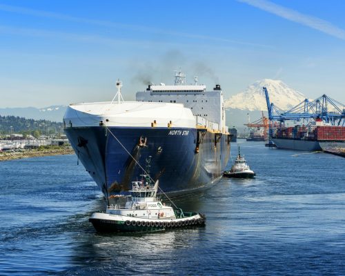 Large cargo ship in a harbor with cranes and snow-capped mountains in the background.
